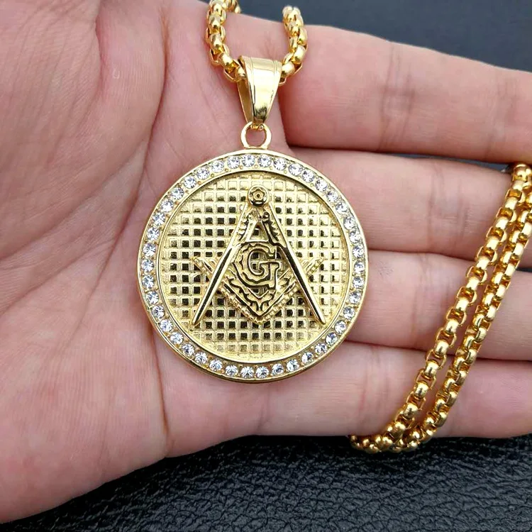 New hip hop gold color Masonic Necklace Freemason 316L stainless steel Freemasonry Sign Pendant Men CZ Accessories