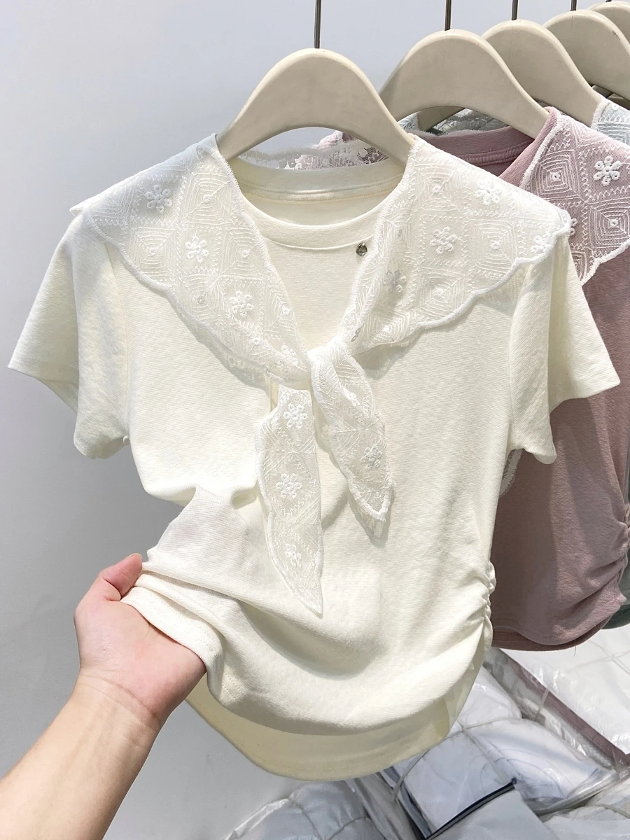 Lace Shoulder Wrap round Neck Short Sleeve T-Shirt Women's Summer New Design Pleated Waist Slimming Short Length Top