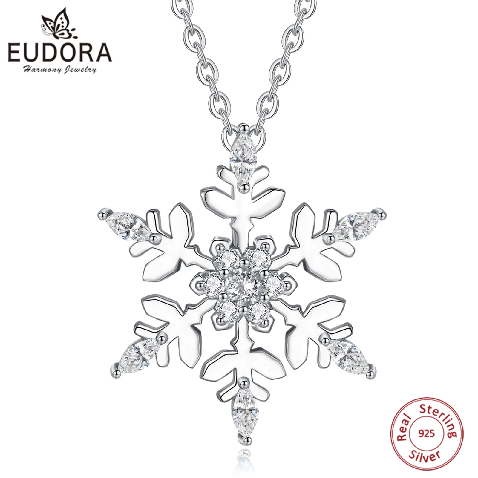 

Ожерелье Eudora из стерлингового серебра 925 пробы со снежинками, белый циркон, зимний кулон, элегантные рождественские украшения, праздничный подарок для женщин