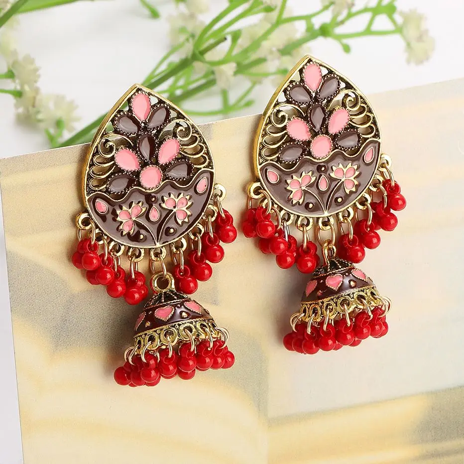 Vintage Fashion Water Drop Dangle Earrings for Women Ethnic Indian Jewelry Blue Flower Tassel Dangling Earrings Jewelry Gift