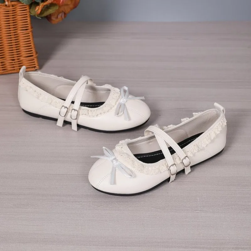 Women's Fashion Single Shoes Spring New Round Head Shallow Mouth Butterfly Knot Metal Buckle Soft Sole Non-slip Flat Shoes 35-42