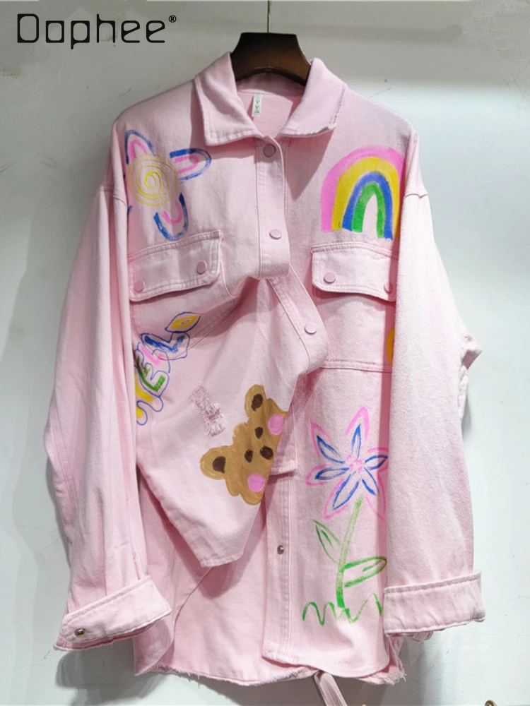 Sweet Pink Denim Jacket for Women 2024 Spring New Korean Graffiti Loose Cartoon Rainbow Printing Versatile Shirts Tops Female