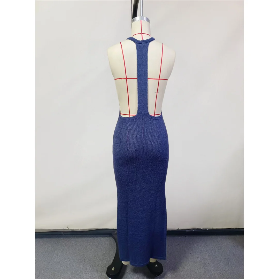 Elegantes blaues Häkel-Tunika-Kleid, sexy Neckholder, ärmelloses, gestricktes Maxikleid für den Strand, mit seitlichem Schlitz, Sommer-Party-Abendkleid, Strandkleidung V6199 – Detail 10
