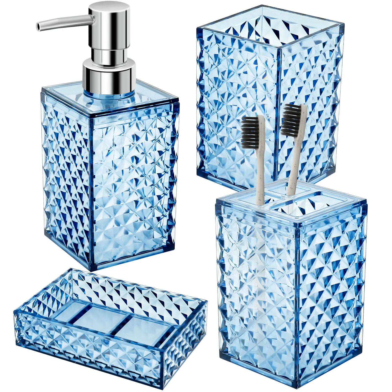 4Pcs Badezimmer Zubehör Sets Lotion Dispenser Pumpe Flasche Zahnbürste Halter Mundwasser Tasse Seifenschale Klaren Diamant Muster