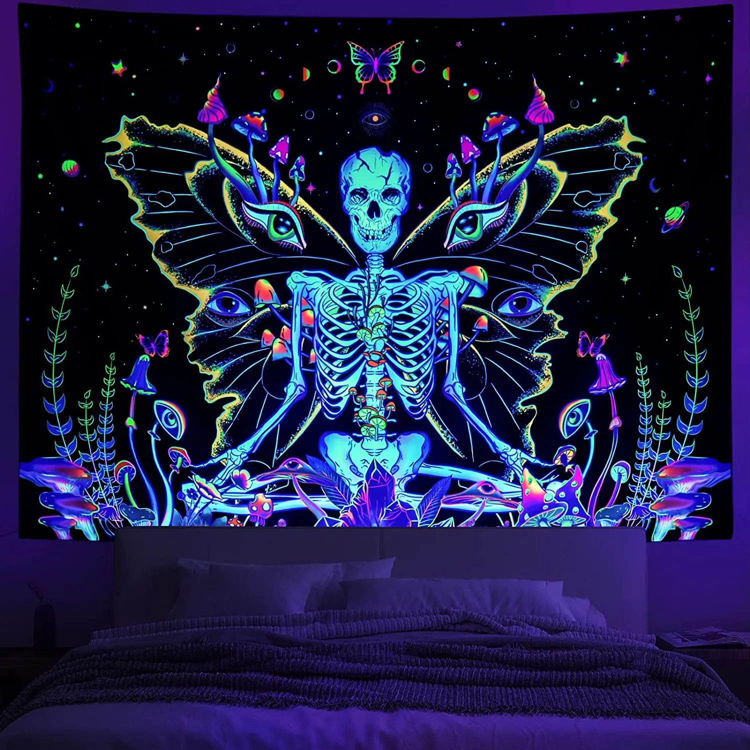 Fluorescent tapestry psychedelic ultraviolet  wall decoration  skull mushroom witchcraft aesthetic 