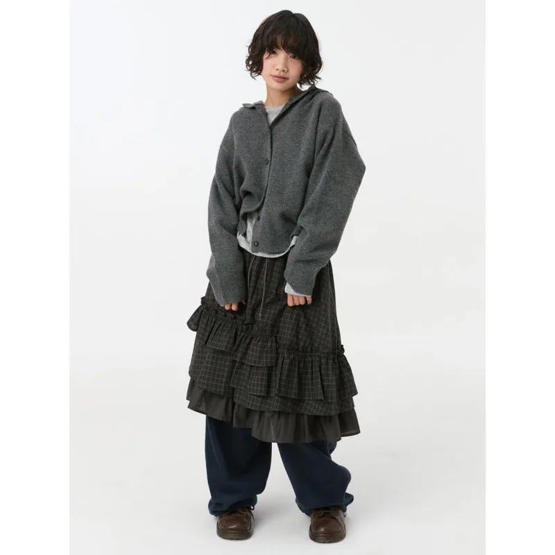 Korea Retro Lace-up High Waist Pleated A-line Skirt Women 2026 Autumn New Streetwear Contrast Color Patchwork Mid-length Skirt