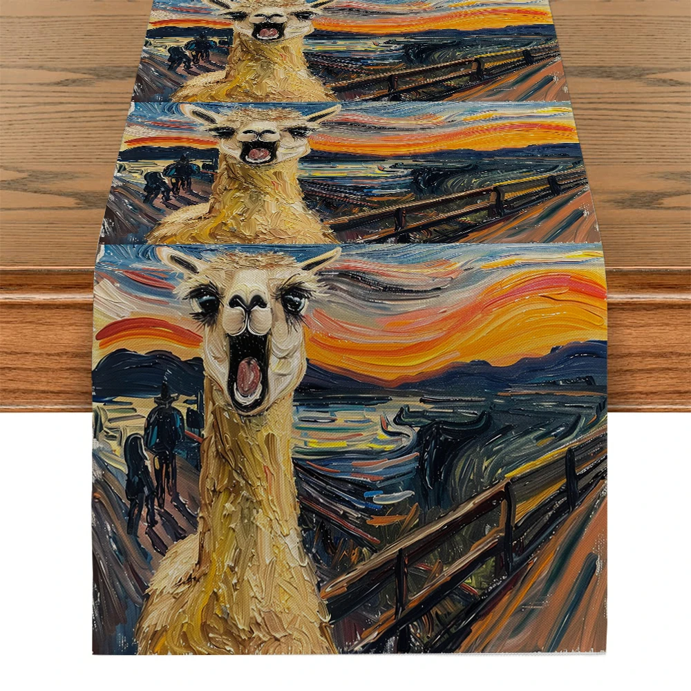 Screaming Alpaca Nature Landscape Painting Table Runner Kitchen Dining Decoration Table Runners Holiday Decorations Room Decor