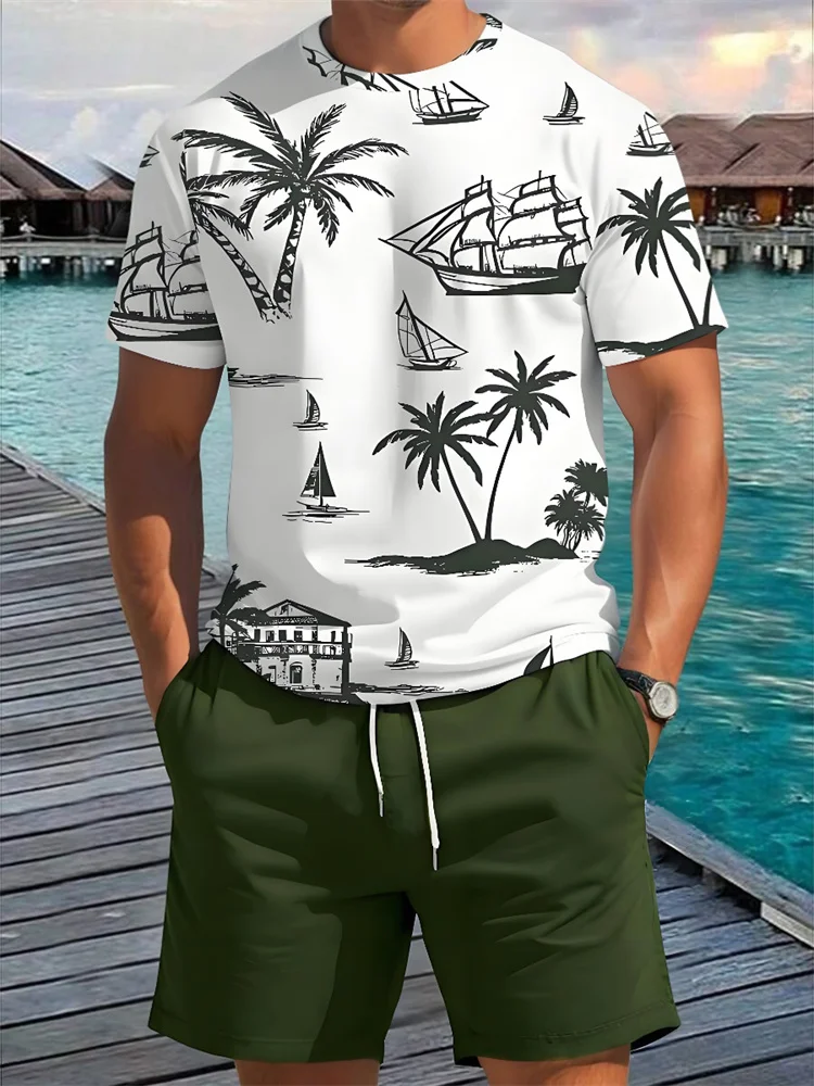 New 2 Piece Summer Casual Everyday Men's Short Sleeve Shorts Set Hawaiian Print Men's T-shirt Outdoor Sports Men's Beach Shorts