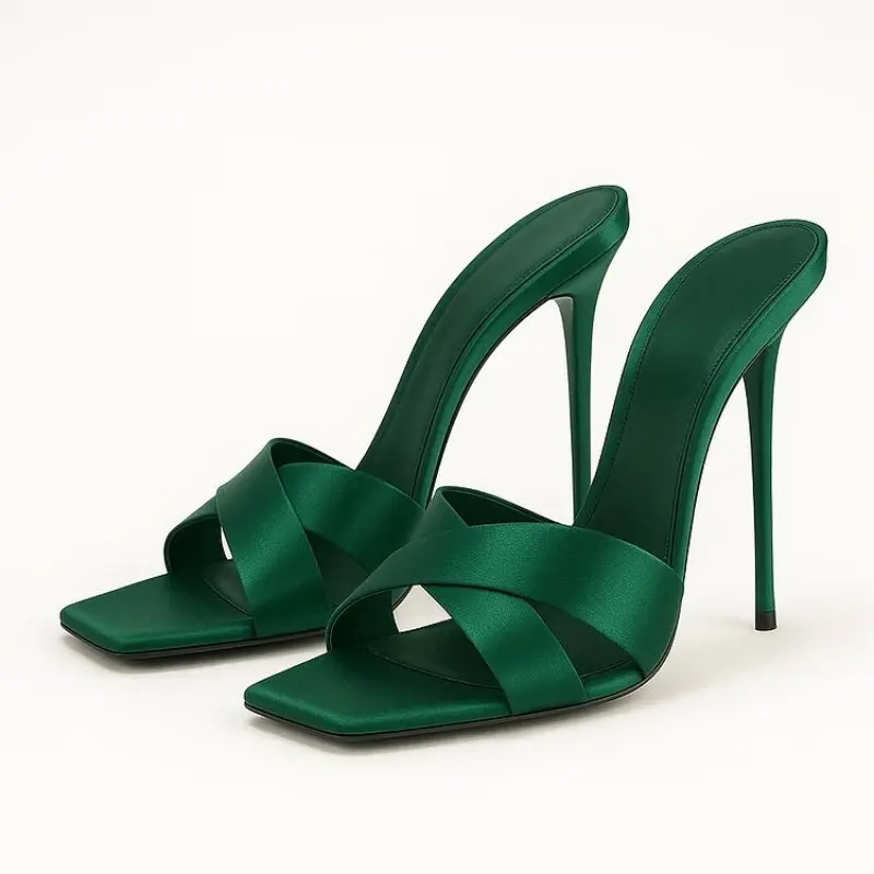 Summer New Silk Cross Fine Strap High Heel Drag Square Head Fine Heel Show White Banquet Outerwear Fashion Cool Drag
