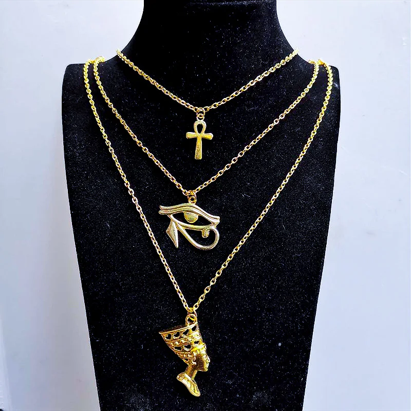 Layered Necklace Women Ankh Cross Horus Eye Nefertiti Anubis Pendant Egypt Jewelry Accessories Holiday Gifts