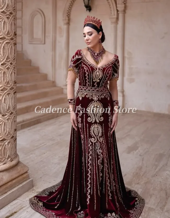 Personalizado borgonha tradicional feminino festa de noite árabe longo vestidos de baile luxo duplo frisado borlas orelha vestidos de festa