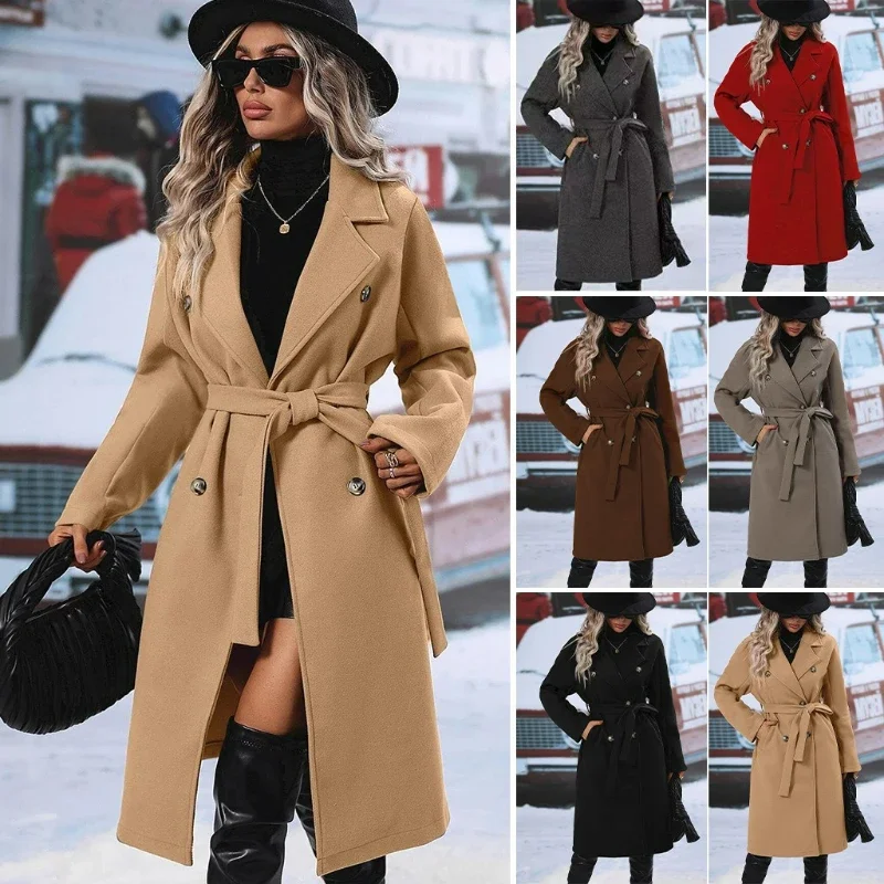 

Autumn/winte Women's Coat Dress with Thick Collar Medium Length Wool Coat Pocket Casual Long Sleeved Double Breasted BlendedCoat