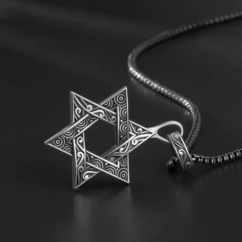 Six Pointed Star Pendant Necklace for Female Male Thai Silver Collarbone Chain Retro and Trendy Couple Accessories KOFSAC