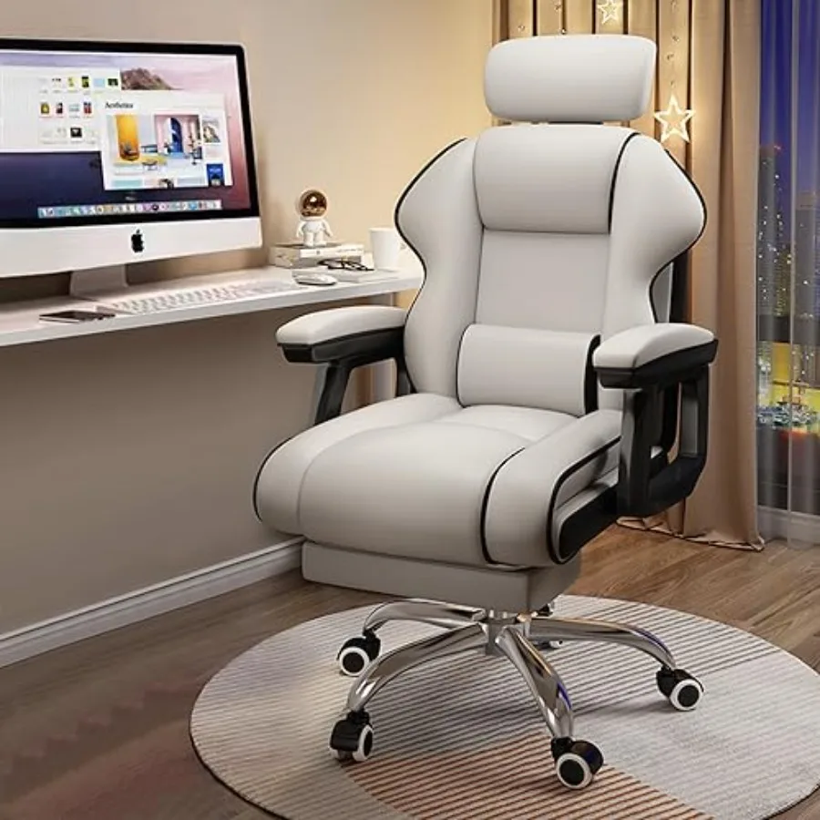 Home office desk chair: PU leather, black, ergonomic adjustable height and angle with cushioned armrests and footrest for long-