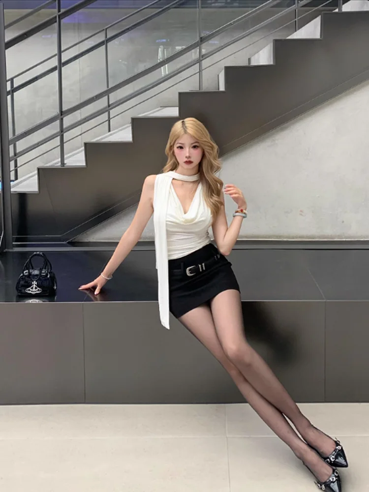 Feminino sexy sem mangas com decote em v sólido regata moda bandagem streetwear casual fino ajuste elegante malha verão ladtted roupas