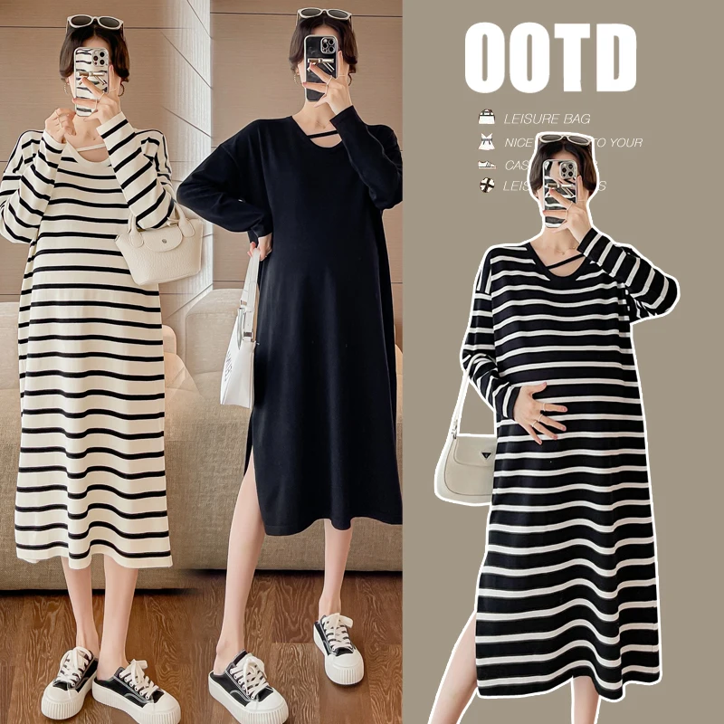 

1058# 2024 Autumn Fashion Striped Knitted Maternity Sweaters Dress Loose Straight Clothes For Pregnant Women Casual Pregnancy