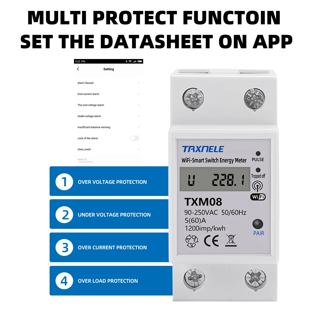 Tuya 60A Din Rail WIFI Smart Energy Meter Timer Power Monitor kWh Meter Voltage Protector 110V 220V Smart Life Alexa Google Home