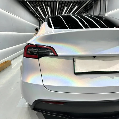 Imagen 2 del producto Película de vinilo para revestimiento de coche, pegatina de cambio de Color blanco plateado con láser de iridio, pegatina autoadhesiva sin burbujas para mascotas, accesorios para coche
