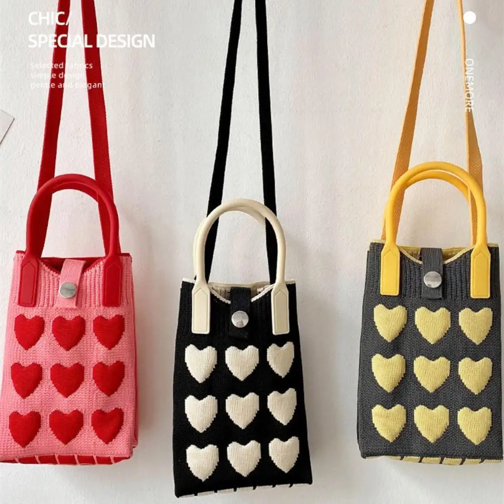 Korean Fashion Heart Knitted Mini Square Handbag for Women Small Mobile Phone Shoulder Bags Girls Cute Causal Crossbody Bags