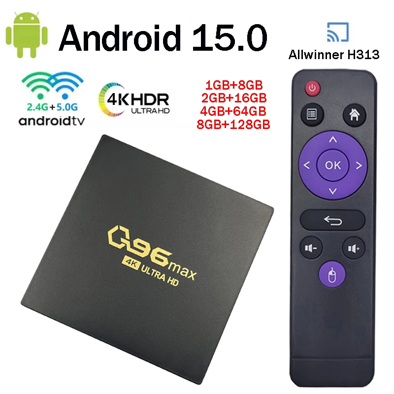 Android 15.0 TV Box Q96 Max 8GB 128GB Allwinner H313 Quad Core 5G 4G WIFI Reproductor Multimedia Remoto 4K Set Top Box iptv