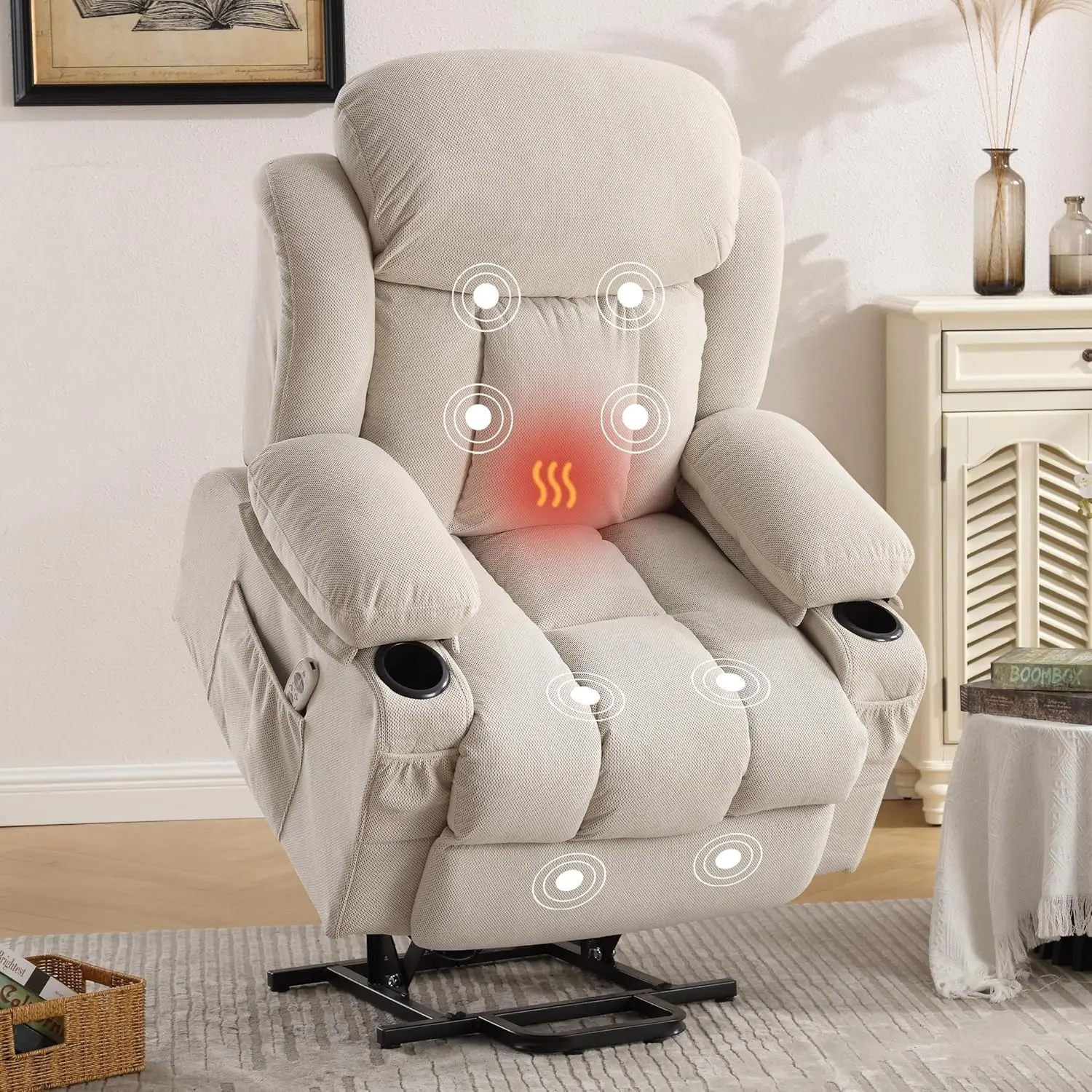 Power Lift Recliner Chair with Heat and Massage Electric Fabric Recliner Chair for Elderly with Side Pocket, USB Charge Port