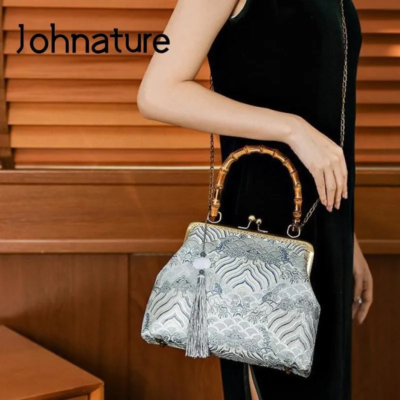 Johnature Elegant Women Cheongsam Banquet Bag Brocade Bamboo Handle Handbag 2024 New Versatile Tassel Lady Shoulder Bags