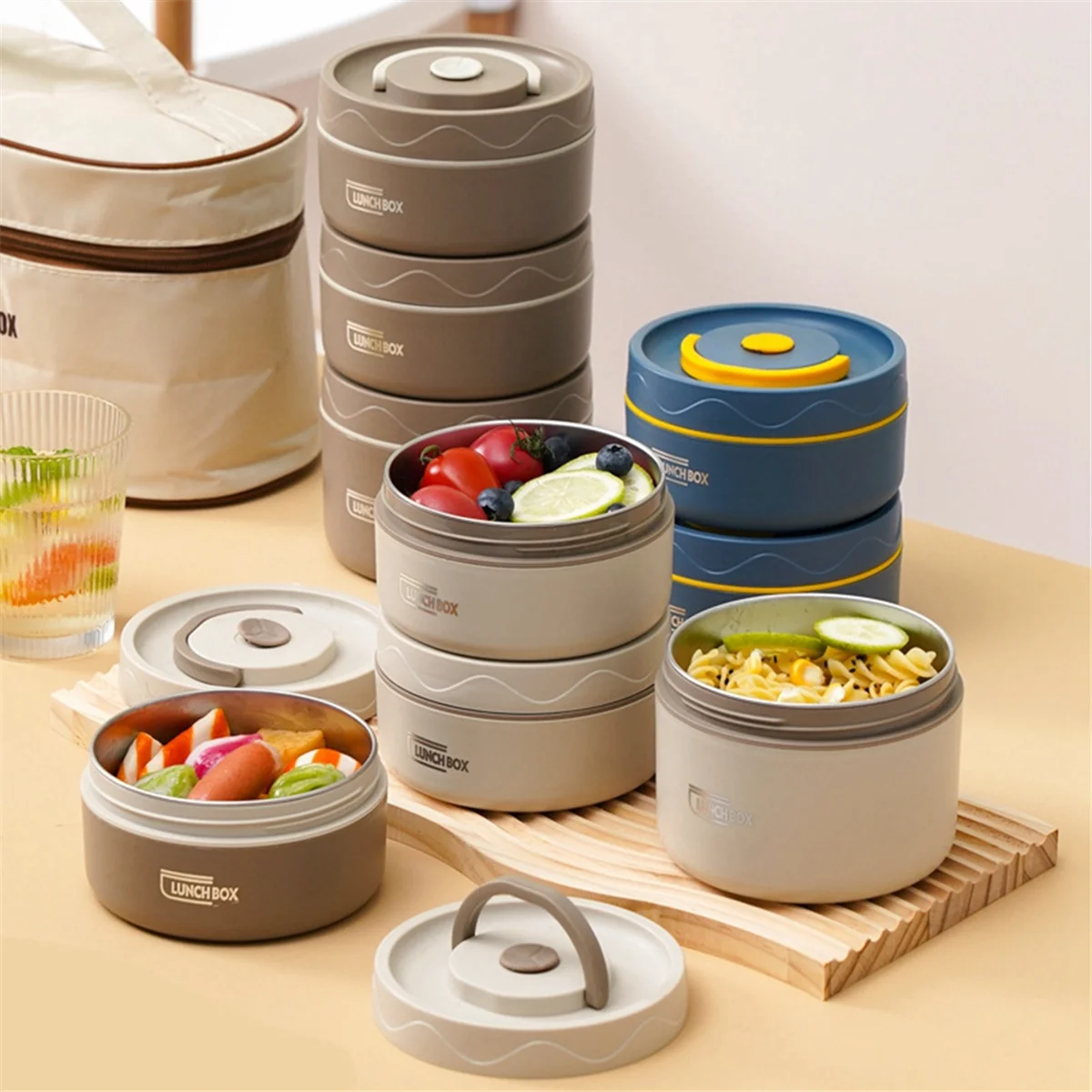 Fiambrera térmica portátil de acero inoxidable, contenedor de comida caliente, caja Bento, Beige, C