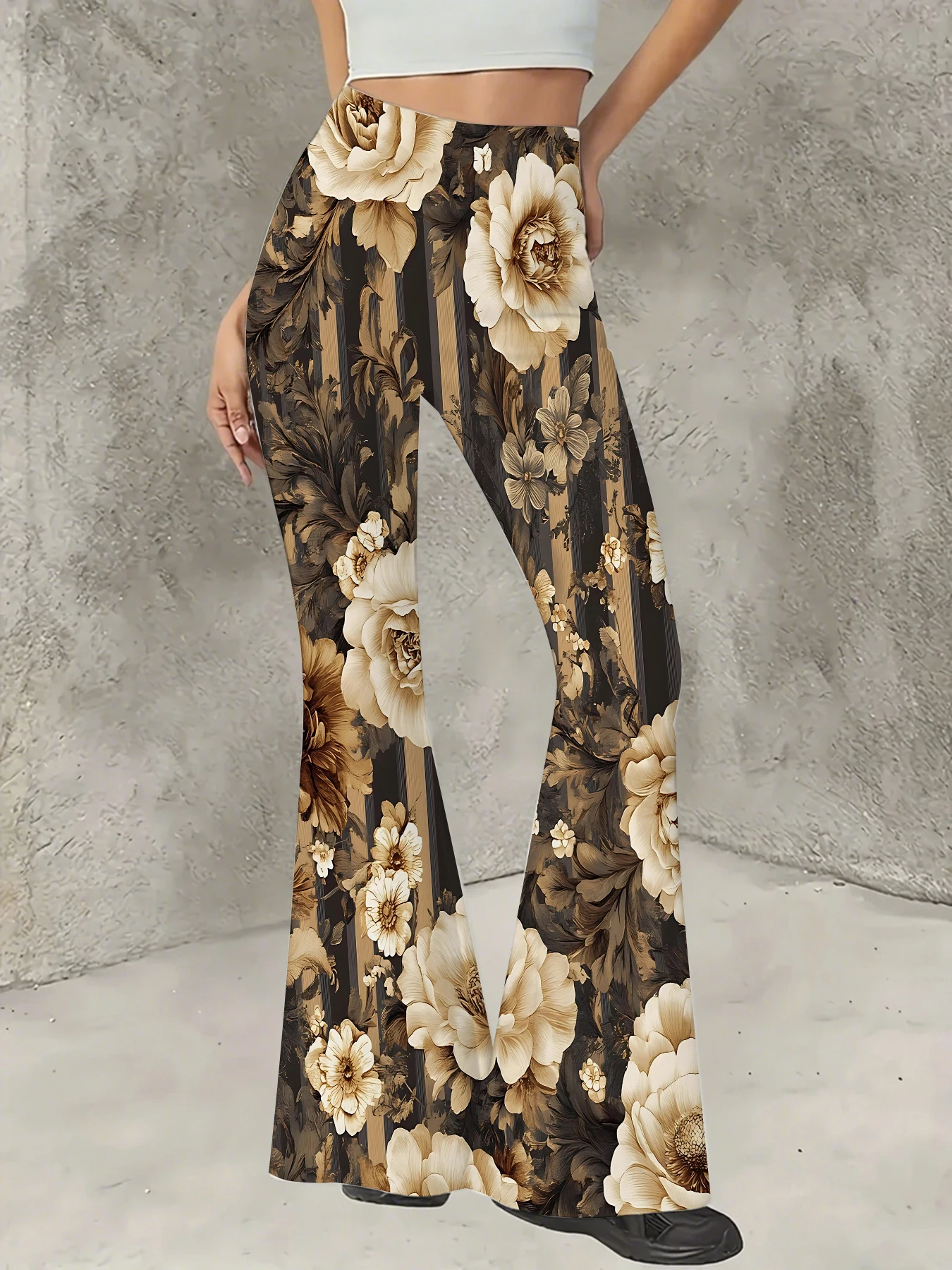 

Retro Printed Flare Pants Women High Waist Polyester Knit Bell Bottom Trousers