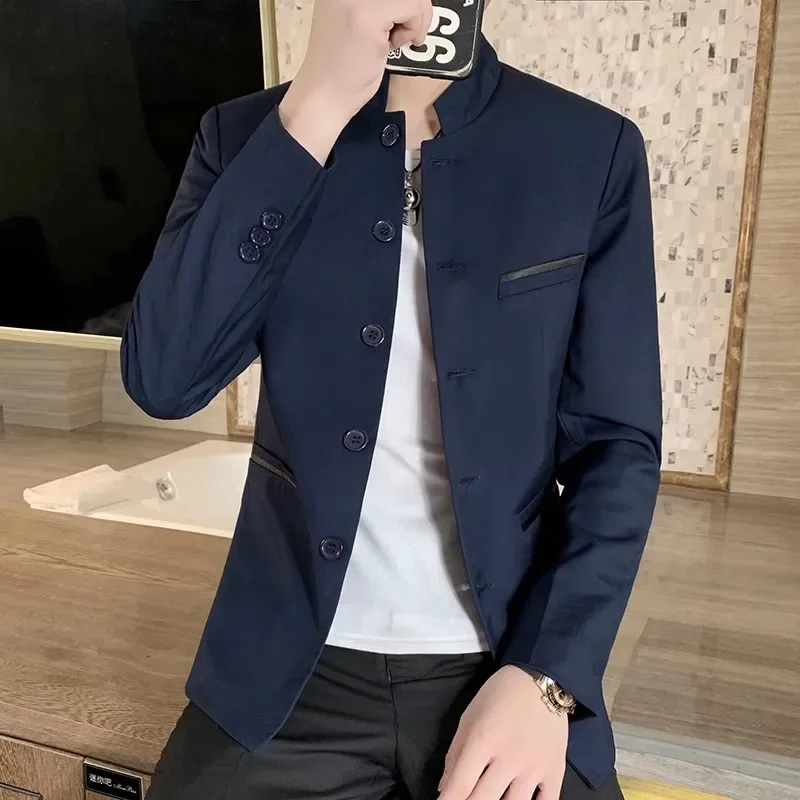 Black Chinese Style Stand Collar Long Sleeve Mens Slim Fit Fashion Blazer Single Breasted Blazers Jacket