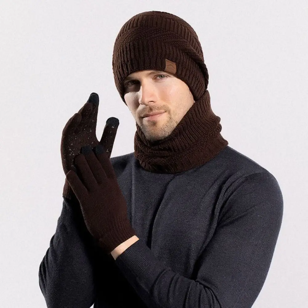 3pcs Solid Color Hat Scarf Gloves Set Warm Wool Thermal Knit Cap Thermal Protection Fleece Lined Winter Beanie Hat Outdoor
