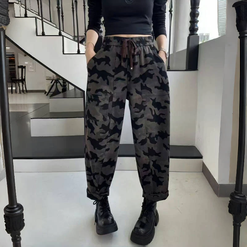 Women's Loose Fit Camouflage Print Elastic Denim Jeans High Waist Cotton Stretch Retro Sle Spring Autumn Seasonal Faion