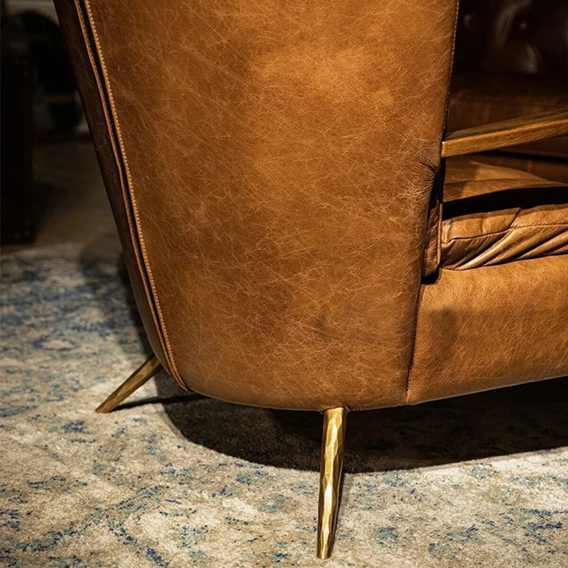 Genuine leather armrest  chair, hand-forged chaise longue chair
