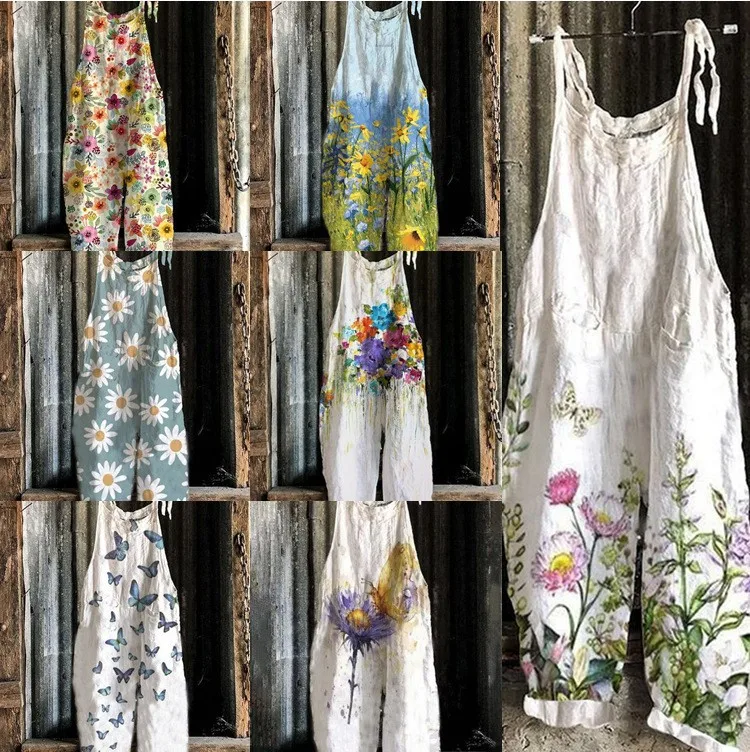 Women's And Overalls For Women Retro High Waist Floral Digital Art Print Cotton Loose Fit Sleeveless Wide Leg Pants For Woman