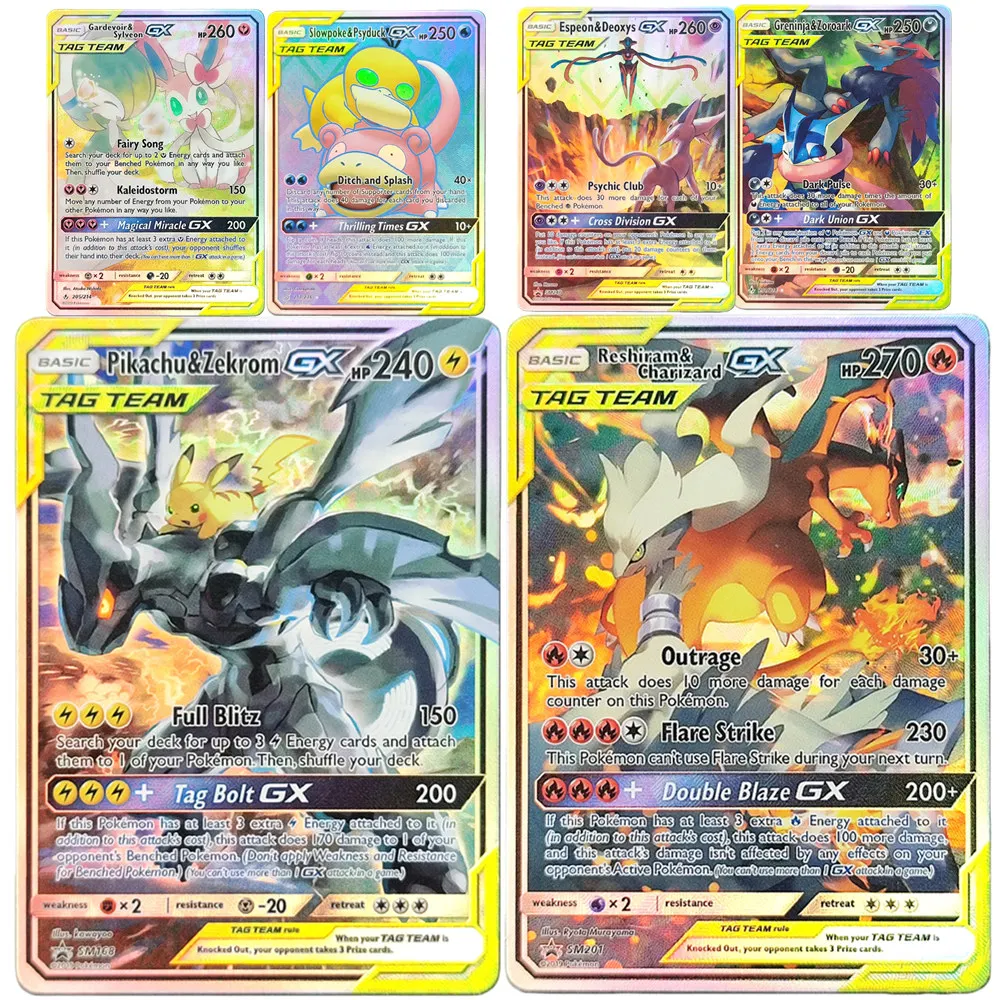 

Карта Pokemon PTCG DIY TAG TEAM Pikachu & Zekrom Reshiram & Charizard Espeon & Deoxys GX Коллекционная карточка