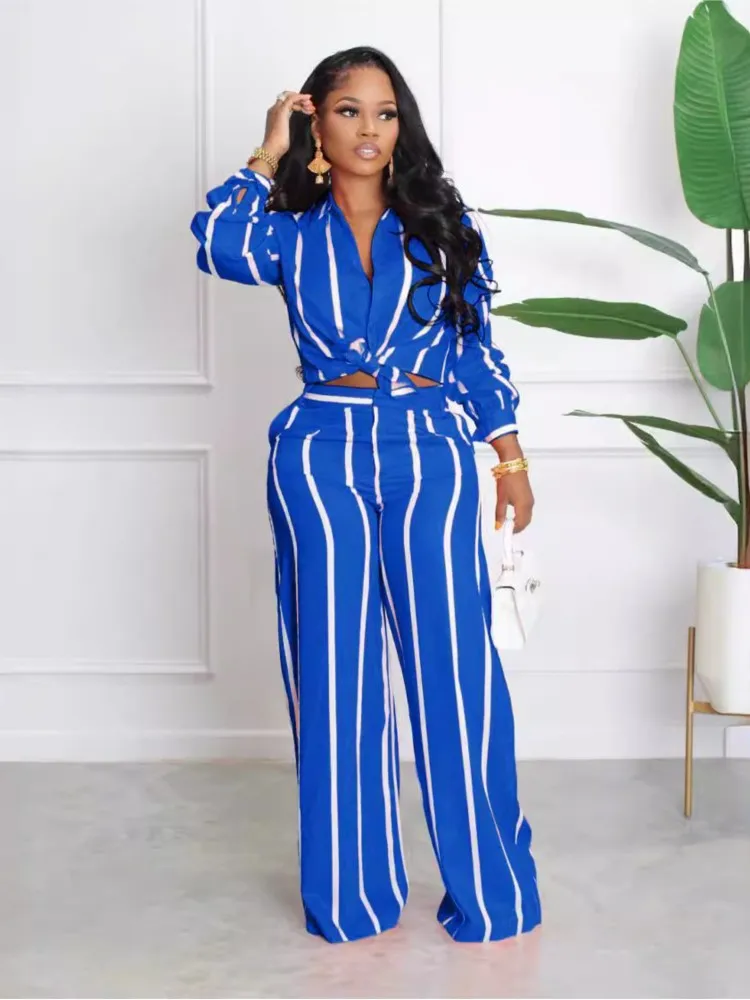 

Stripes Print Two-piece Set Woman's Spring Autumn Fashion Lapel Single-button Cardigan Top+Wide-leg Pants Suit Ladies Outfit