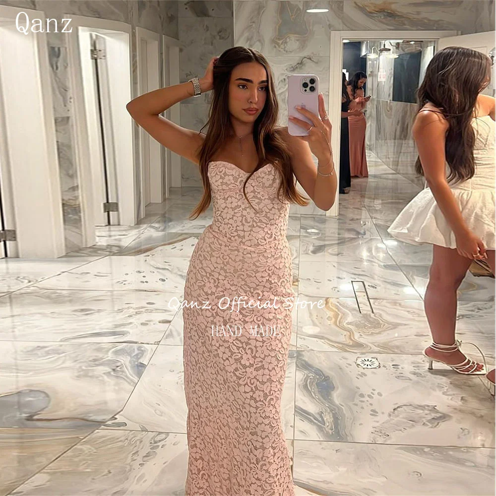 

Qanz Elegant Full Lace Prom Dress Sweetheart Mermaid Sleeveless Pink Corset Evening Dresses Women Wedding Party Gowns Customized