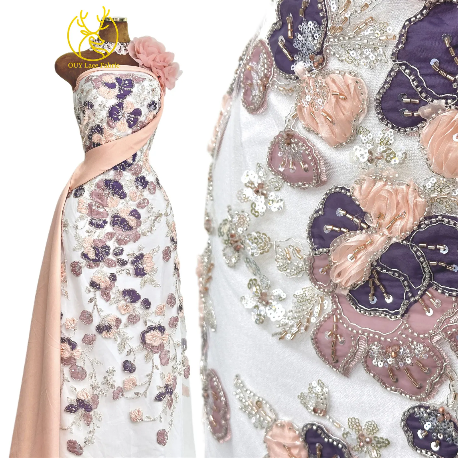 Afrikanischer Spitzenstoff, hochwertige französische Blumenstickerei, Perlen, Pailletten, Tüll, Netzspitze für Frauen, Hochzeitskleid, Nähen, 5 Yards – Detail 4