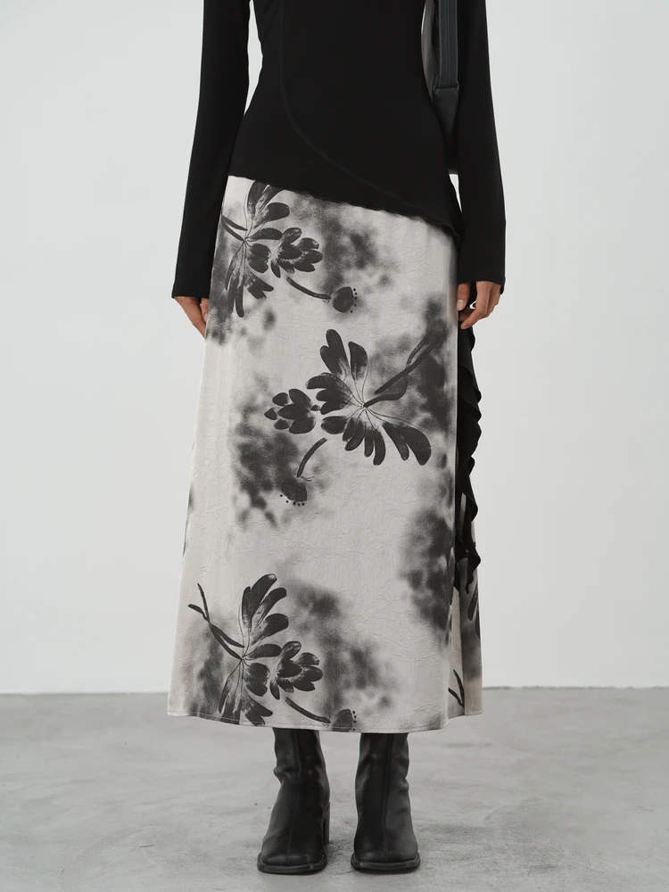 

EIGHTHMONTH New Chinese Style Watercolor Floral Half Skirt Women's High Waist Drape Midi Skirt Autumn New Arrival