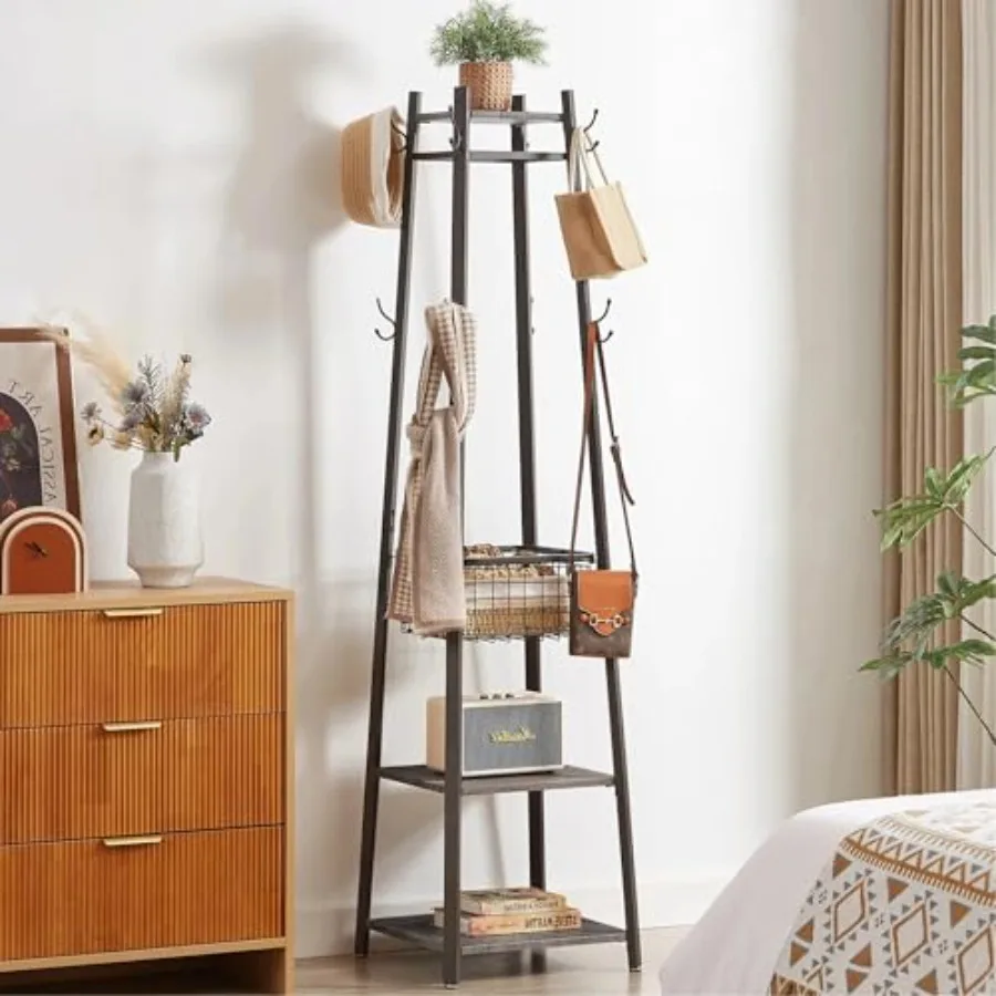 

Coat Rack FreestandingHall Tree with Metal Basket and Storage Shelves Industrial Coat Rack Stand with 8 Hooks for Hanging Coats