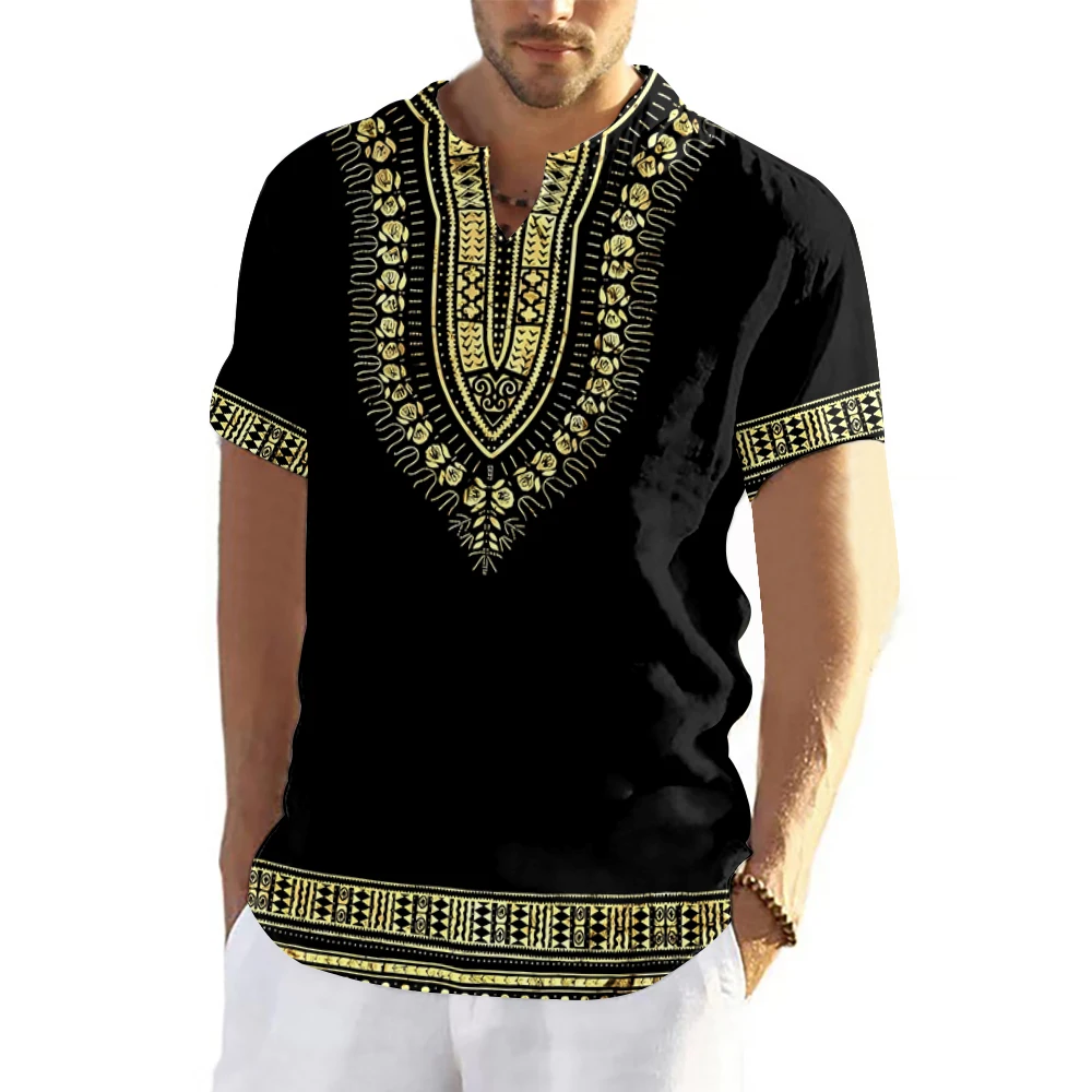 Fashion V-neck Traditional Men\'s Tshirts Short Sleeve Dashiki 3D Print Men T shirt Oversized Culture African Men\'s Clothing