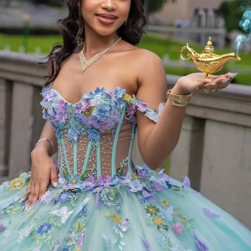 Vestido De quinceañera verde menta, calcomanía De flores con purpurina, cola larga, joyería De perlas, lazo De encaje, Vestidos De 15 quinceañera ﻿ Personaliza