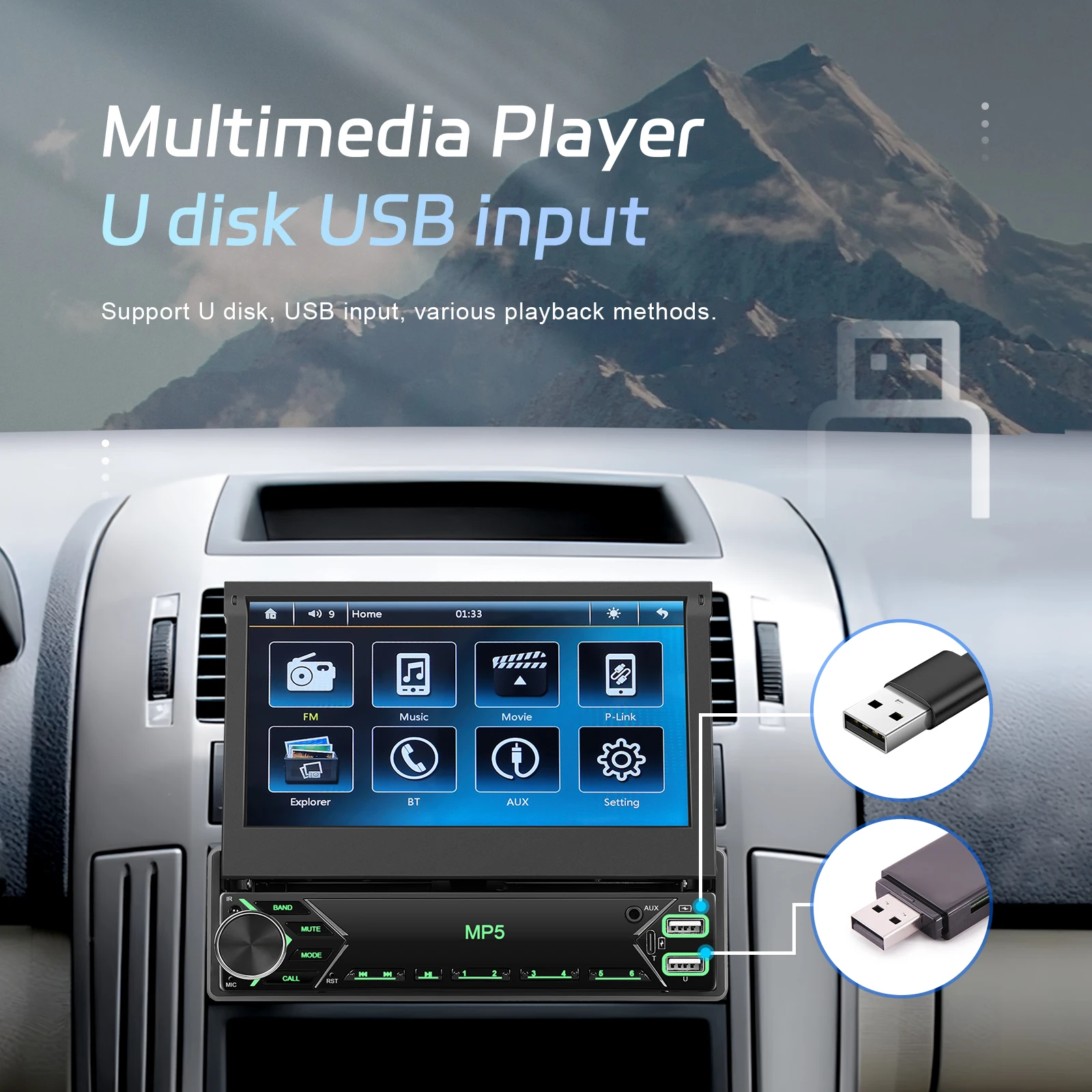 Podofo 7-Zoll-Autoradio mit einziehbarem Bildschirm, Unterstützung für Rückfahrkamera, 1 DIN, Auto-Audio-Player, TF-Karte/U-Disk, Autoradio-Stereoanlage, Bluetooth – Detail 13