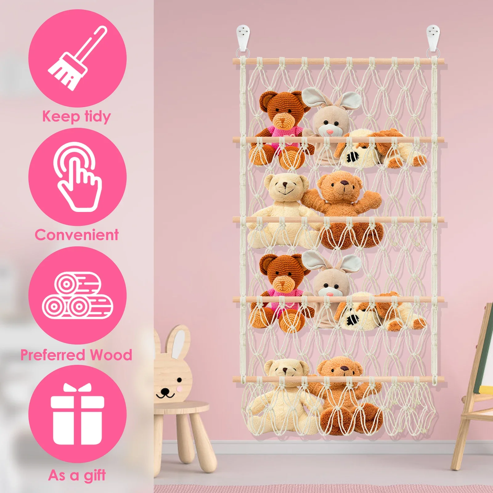 4-Layer Stuffed Toy Storage Hammock Net Large Capacity Stuffed Animal Storage Boho Hanging Toy Organizer for Playroom Bedroom