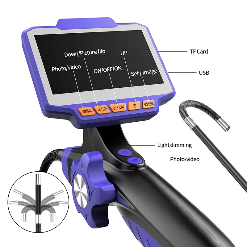 Boroscopio articulado bidireccional de 180 °, cámara de inspección endoscópica de 4,3 pulgadas con luz, 6,4 MM, HD, 1080P, cámara de serpiente para