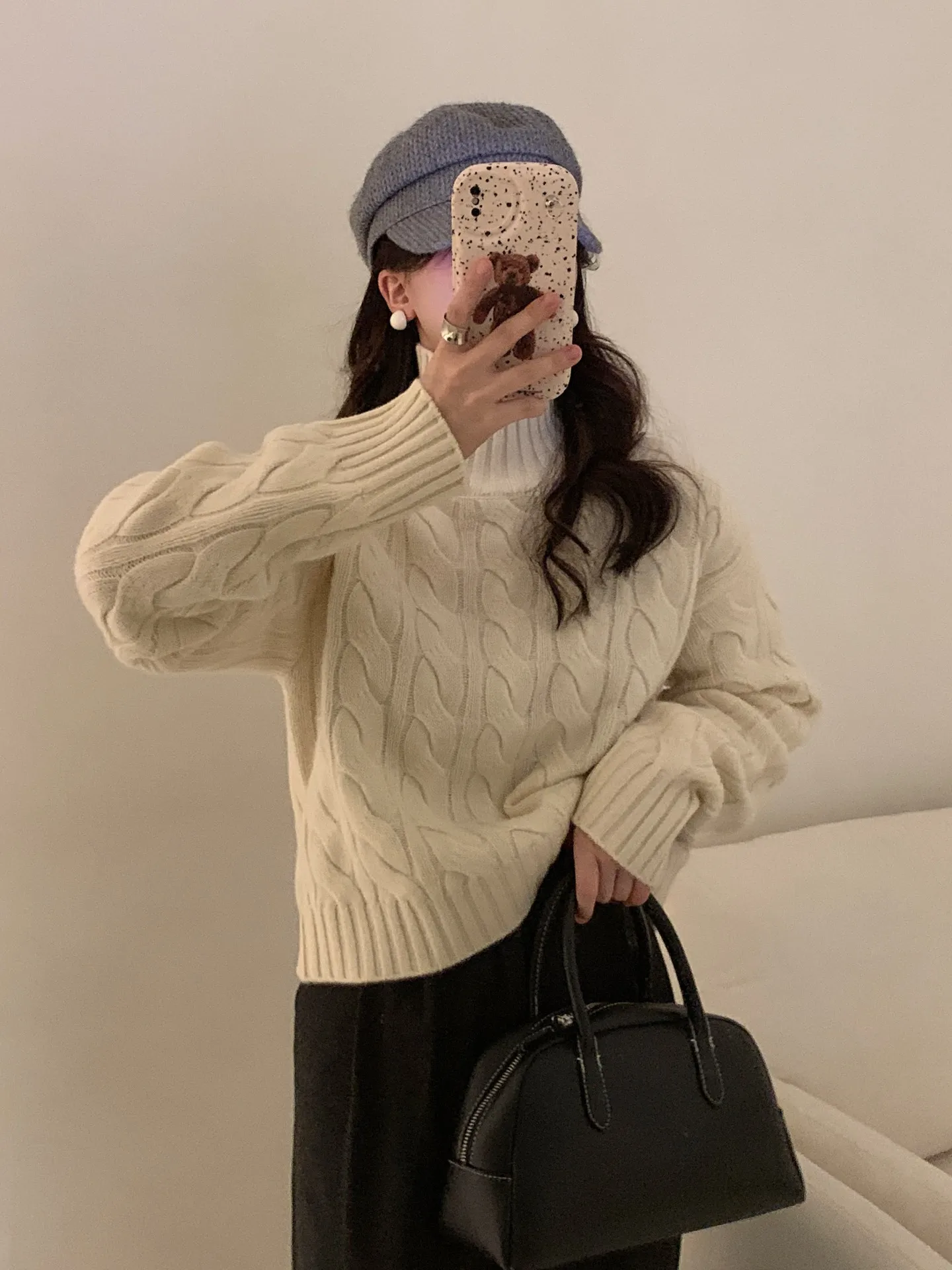 Winter And 2023 New Autumn Women's ClothingTurtleneck Sweater Loose Thick Solid Color Twist Knitted Short Top 1026