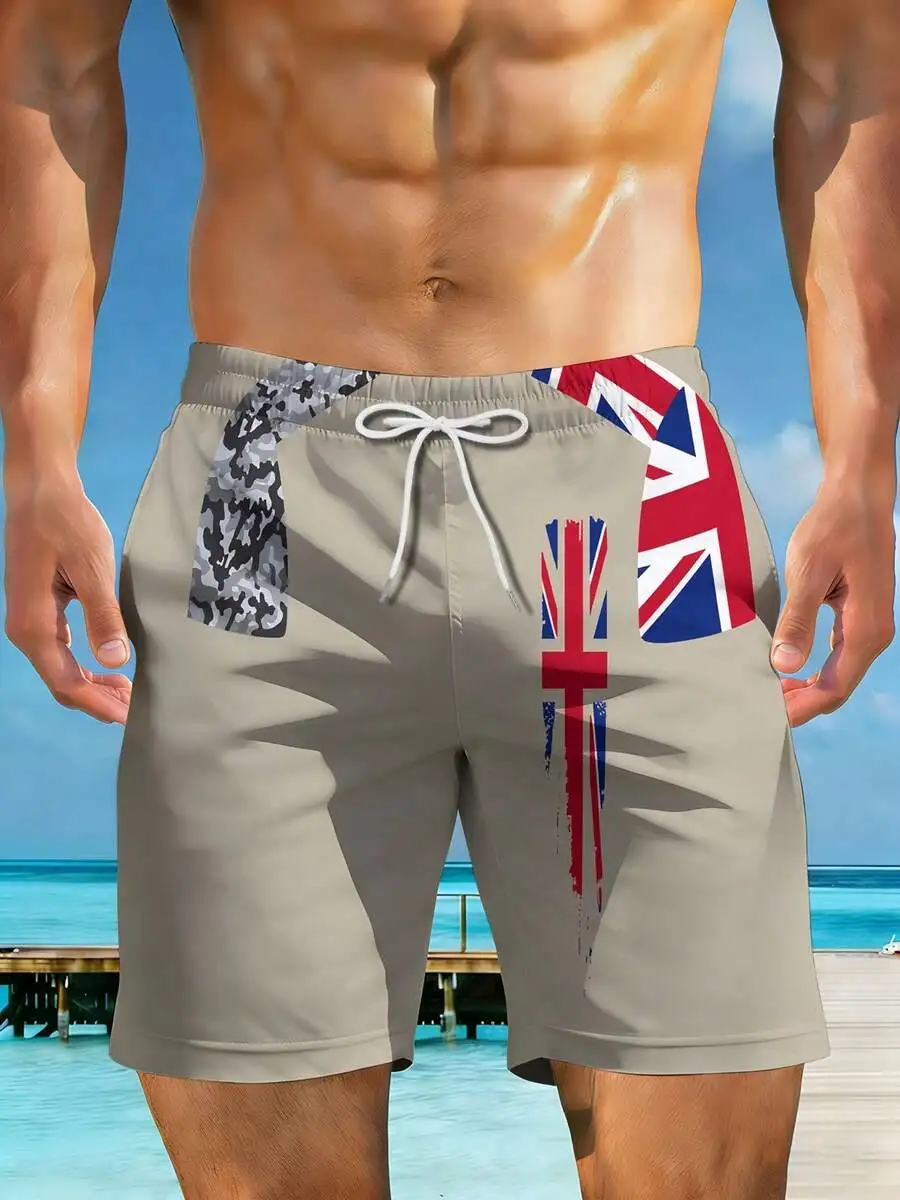 Mens Beach Shorts With 3D Union Jack Flag Print Casual Vacation Swim Trunks