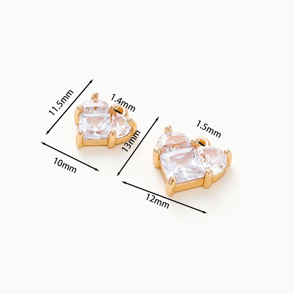 4pcs/lot 18K Gold Colors Clear Pink Heart Zircon Rhinestone Brass Pendants Bracelet Charm For Necklace Jewelry Making Findings