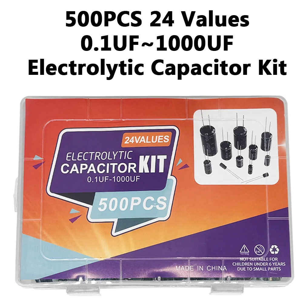 120/200/500Pcs 16V 25V 50V 0.1uF - 1000uF Aluminum Electrolytic Capacitor Assorted Kit Box 1uF 4.7uF 10uF 47uF 220uF 330uF 470uF