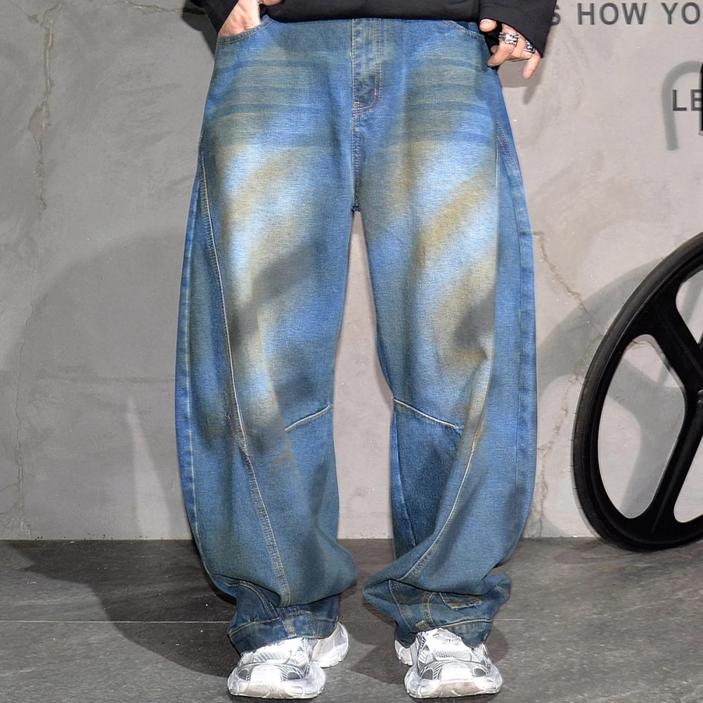 Mens Premium American Loose Fit Washed Jeans Korean Style Distressed Denim Pants Streetwear Hip Hop Trendy Cargo Skate Baggy