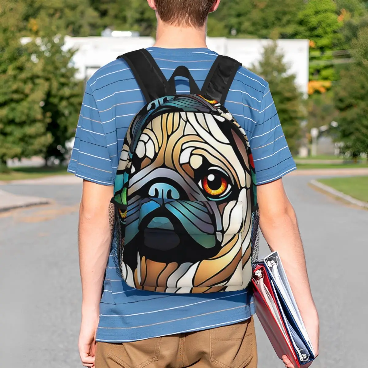 Stained Glass Art Colorful Dog Pug Dog Backpack Student BookBag Children School Bag Laptop Shoulder Bags for Men Women